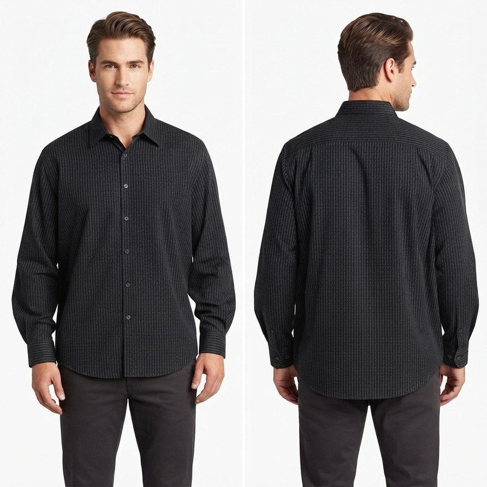 Perry Ellis Dress Shirt Men's Large Button Down Black Pinstripe Geometric